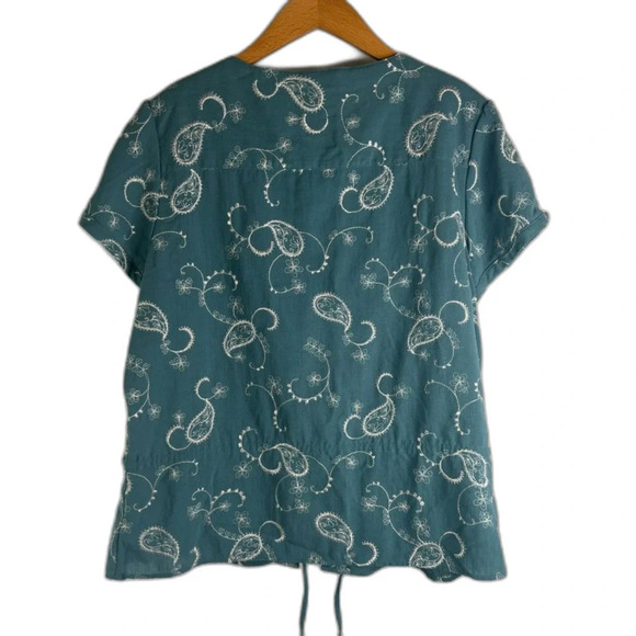 Christopher & Banks Teal Embroidered Button Front Drawstring Waist Top Sz LG - Picture 2 of 9